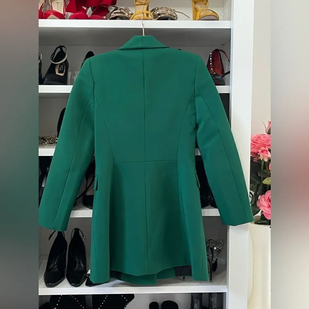 NWT  WOMEN'S DOUBLE BREASTED LONG BLAZER DRESS Green SIZE XS